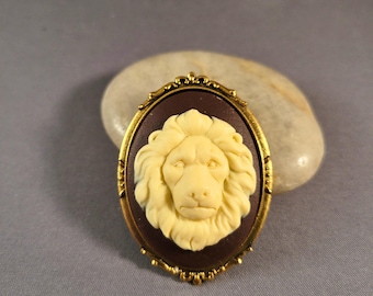 Brown & Ivory Lion Cameo Brooch | Antiqued Gold Pin | Bold, Tribal Safari Rustic Chic Gift for Bold, Dandy Style Lover -Mane Squeeze