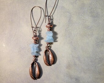 Aquamarine & Copper Cowrie Shell Dangle Earrings | Light Blue Gemstone | Afrocentric March Birthstone Gift for Her  -Courageous