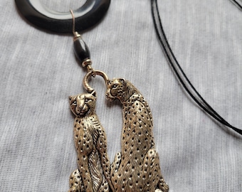 Leopard Pendant Necklace | Black Horn, Antiqued Silver, Faux Leather Cord -Prowl
