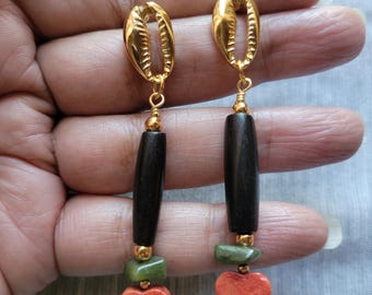 Red, Black, Green & Gold Cowrie Shell Post Earrings | Horn, Coral Heart, Gemstone | Afrocentric Gift for Everyday Wear -United in Love