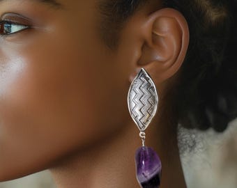 Chunky Amethyst Clip-on Statement Earrings | Antiqued Silver Zig-Zag Design, Purple Gemstone | February Birthstone Jewelry -Intuitive