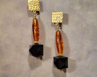 Auburn & Black Clip-on Dangle Earrings | Hammered Gold | Bold, Long, Chunky | Boho Luxe Earring Lover Gift - Cubicle