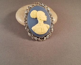 Phyllis brooch AS | blue & ivory African American woman cameo pin, antiqued silver | bold, dressy casual | Radiant Inspiration Collection