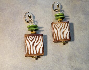 Batik Bone Earrings with Green Tagua Nut | Brown Off-white Zebra Print | Boho Tribal, Afrocentric Jewelry Gift -Z-Chic Squared
