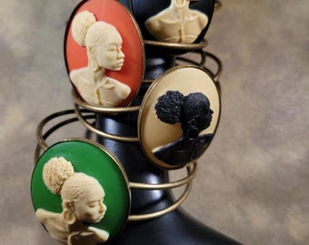Angela cuff bracelet | orange ivory black green African American woman cameo in Radiant Inspiration Collection | bold oval boho gift