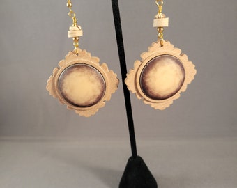 Boho Wood Dangle Earrings | Light Brown, Mauve | Surgical Steel Ear Wires, Long, Lightweight, Chic for Everyday Wear