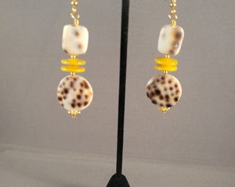 Tigress yellow earrings | pierced or clip on | tiger cowrie shell and Tagua nut