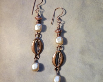 Pearl & Copper Cowrie Shell Dangle Earrings | Peach Gemstone | June Birthstone Gift for Her  -Serenely