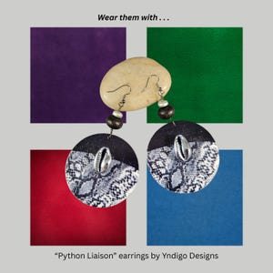 Black & Gray Python Print Statement Earrings | Silver Cowrie Shell, Wood | Big, Bold, Chunky | Afrocentric Safari Tribal image 7