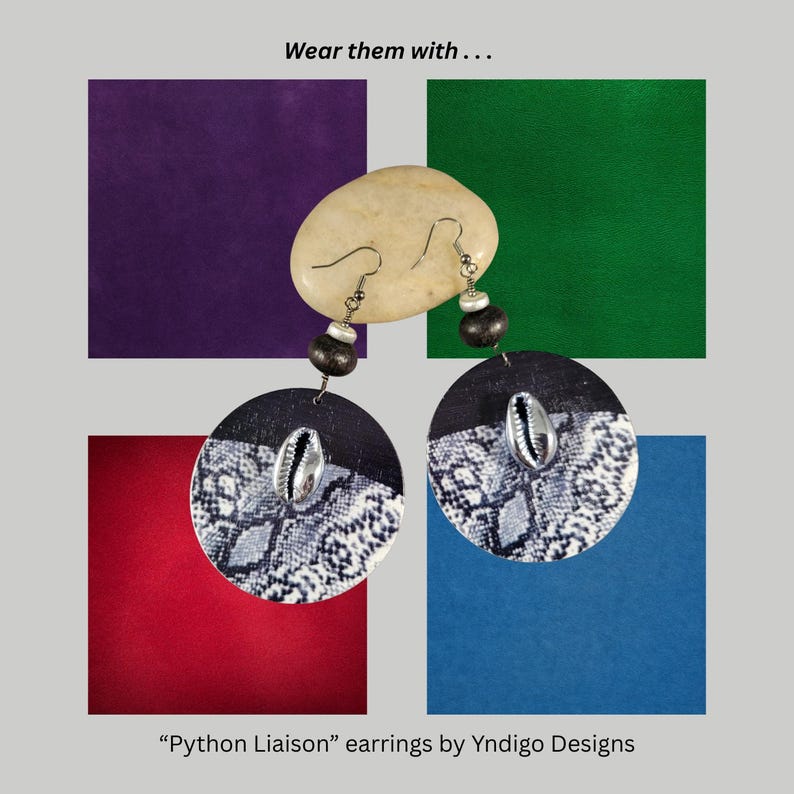 Black & Gray Python Print Statement Earrings | Silver Cowrie Shell, Wood | Big, Bold, Chunky | Afrocentric Safari Tribal image 7