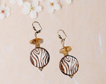 Citrine & Zebra Batik Bone Earrings | pierced or clip-on | yellow gemstone, brown off-white, gold | Boho Tribal Style -Z-Chic Around