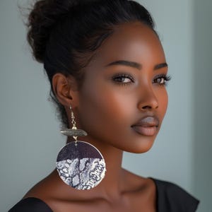 Black & Gray Snake Print Wood Statement Earrings | Python, Silver | Bold, Big, Chunky | Afrocentric Safari Style