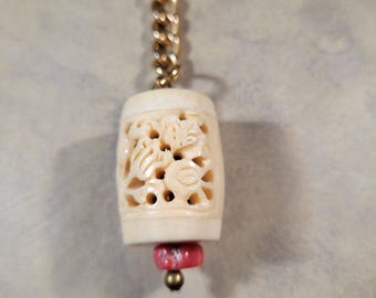 Carved Bone Drum Keychain | Red Coral Accent, Asian Inspired, Floral Design | Housewarming, Birthday Gift