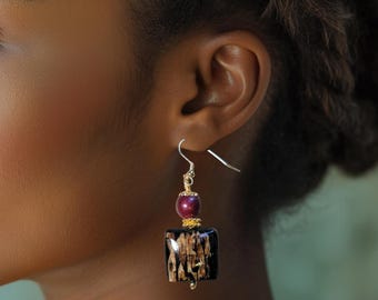 Burgundy and Black Dangle Earrings for Her | Lightweight Statement Wood & Corn Inlay Jewelry Gift | Fall Accessories -Marooned Drop