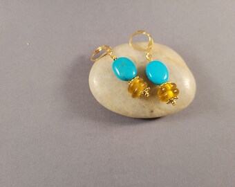 Turquoise & Yellow Drop Earrings | pierced or clip-on | Gemstone, African Glass | Small, Colorful, Boho December Birthstone Gift