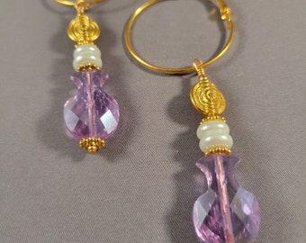Gold Hoop Earrings - Lavender & White Glass Pearl | Aurora Borealis finish, African Baule beads | Bold, Long, Tribal Bridal Chic -Cinched
