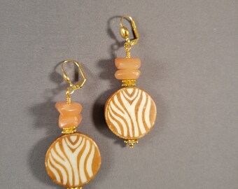 Peach Agate & Zebra Print Batik Bone Earrings | pierced or clip-on | light brown off-white, gold | Afrocentric Tribal Style -Z-Chic Around