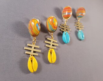 Rainbow Cowrie Shell Earrings | Turquoise, Yellow, Gold | Colorful, Lightweight, Tribal Chic Gift for Afrocentric Jewelry Lover