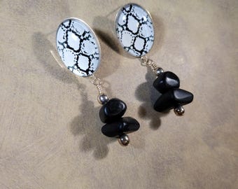Snake Print Post Earrings | Black & White, Silver Tone Beads -Polished Python