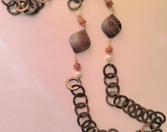 Brown Coco Shell Chain Necklace | Riverstone, Golden Horn Beads | Long, Afrocentric Statement Jewelry, No Clasp -Coco-ometry