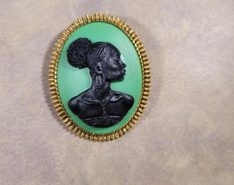 Pearl brooch AG | green & black African American woman cameo pin | dressy casual, bold Afrocentric gift | Radiant Inspiration Collection