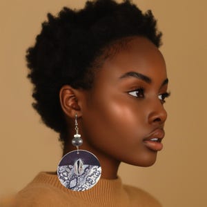 Black & Gray Python Print Statement Earrings | Silver Cowrie Shell, Wood | Big, Bold, Chunky | Afrocentric Safari Tribal