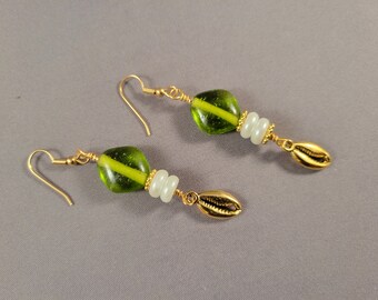 Green & White Glass Pearls Earrings | Gold Cowrie Shell Charms, pierced or clip-on | Boho Tribal Chic for Everyday Wear -Charming Treasure