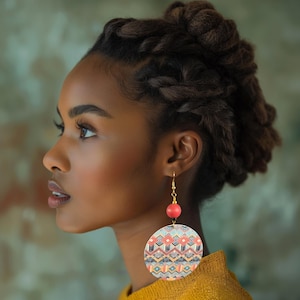 Colorful Aztec Pattern wood statement earrings | pierced or clip-on | red, black, blue, orange | round, bold, chunky, lightweight | tribal