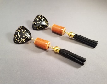 Fringe Noir clip on tassel earrings with ceramic | black orange gold Boho luxe