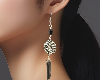Leopard Print Disc Dangle Shoulder Duster Earrings | Black Horn, Antiqued Silver, Surgical Steel | Gift for Earring Lover -Claw