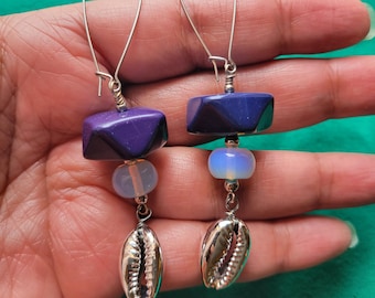 Navy Blue & Silver Cowrie Shell earrings | Opalite, gunmetal gray | bold, long, lightweight | Boho tribal chic, everyday style - Fortunate