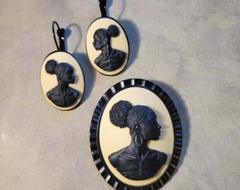 African American Woman Cameo Brooch & Earring Set | Ivory, Black Pin | Radiant Inspiration Collection -Robin