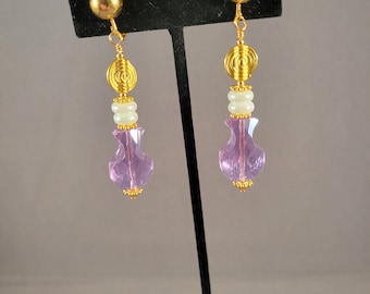Lavender & White Glass Pearl Earrings | pierced or clip-on | Aurora Borealis finish, African Baule beads | Long, Tribal Luxe -Cinched
