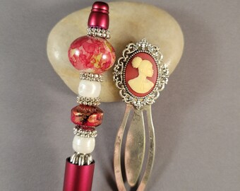 Beaded ink pen and bookmark gift set - Red Brushstroke | red, off white, silver, Afrocentric cameo | for readers, journalers, teachers