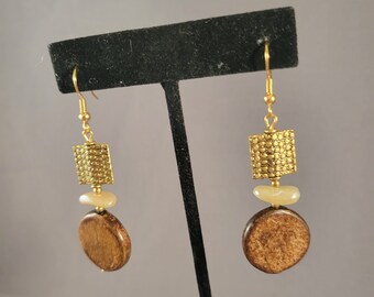 Brown & Gold Dangle Earrings | Bone, Beige Resin, Brass | Everyday Casual Boho Rustic Chic -Chocolate Walnut Drop