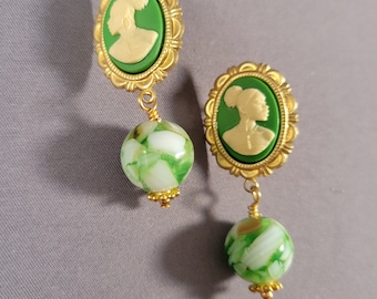 Green & Ivory African American Woman Cameo Earrings | post or clip-on | Mother of Pearl Shell, Gold | Radiant Inspiration Collection -Janis