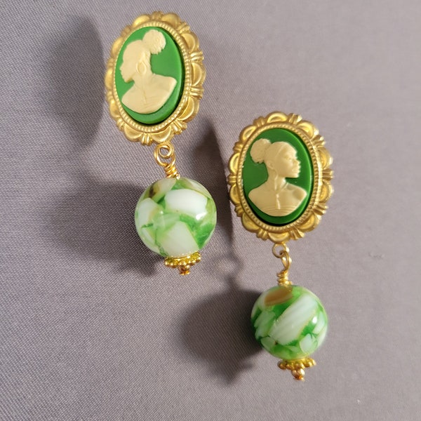 Janis postback earrings | green & ivory ethnic African American cameo from The Radiant Inspiration Collection