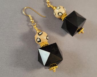 Black & White Batik Bone and Acrylic Earrings | pierced or clip-on | beige, gold | Tribal Chic Statement Jewelry for Her Everyday Wear