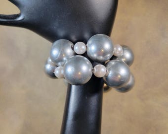 Chunky Faux Pearl Coil Bracelet | White & Silver Wrap Around, No Clasp, Easy on | Bold Gift for Large Wrist -Pulled Together