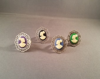 African Woman Cameo Ring | Blue, Purple, Black, Green, Antiqued Silver, Adjustable Band | Radiant Inspiration Collection -Dana