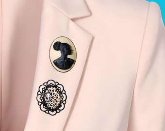 African Woman Cameo and Leopard print brooch pin set | Ivory & Black | Radiant Inspiration Collection