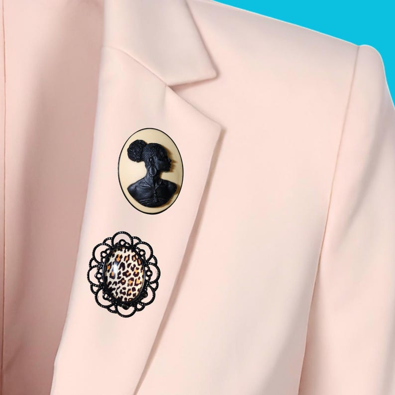 African Woman Cameo and Leopard Print Brooch