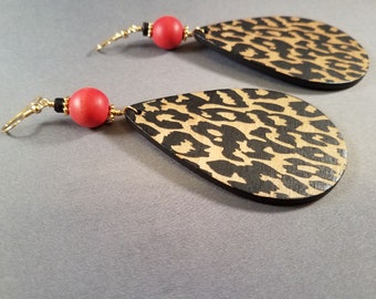 Leopard Liaison with red earrings pierced or clip on | Boho safari Afrocentric