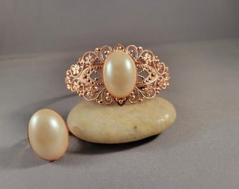 Rose Gold & Pearl Cuff Bracelet and Ring Set | Boho Chic Filigree Jewelry