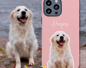 May include: A pink phone case with a white dog image and the name "Harper" written in white script.