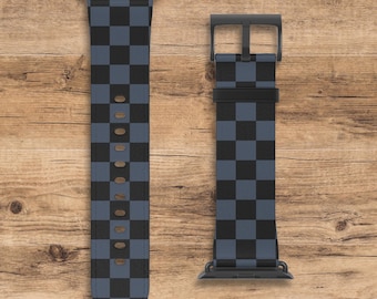Blue Toned Gray and Black Checkered Apple Watch Band, Checkered Pattern Apple Watch Wrist Band, Compatible with All Apple Watch Series