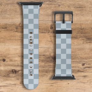 Blue-Gray Checkered Apple Watch Band, Blue Check Pattern Apple Watch Wrist Band, Compatible with All Apple Watch Series, Gray Azure Check