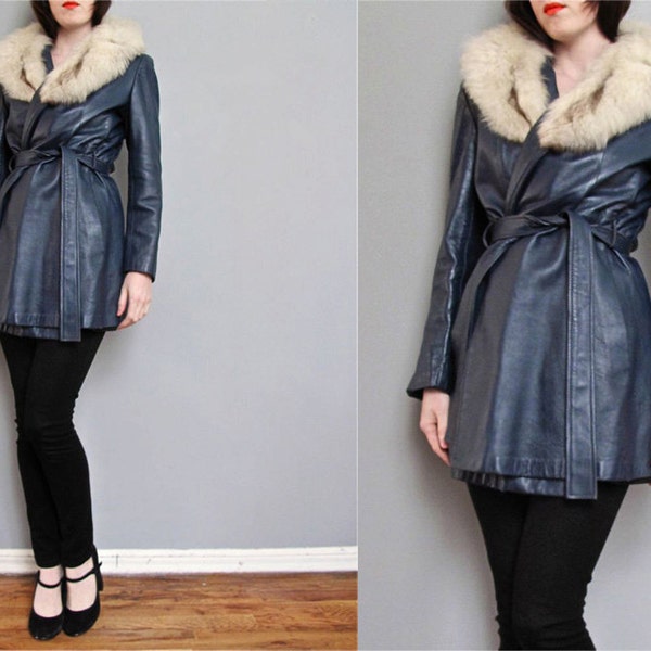 1970s SLATE BLUE leather jacket FUR collar S