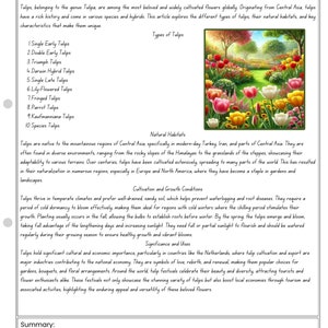 以下が含まれることがあります： 様々な種類のチューリップが満開になっている庭園のカラフルなイラスト。画像の上部には「Types of Tulips」というテキストがあります。画像の下のテキストには、「チューリップは中央アジアの山岳地帯、特に現代のトルコ、イラン、中央アジアの一部に自生しています。ヒマラヤの岩場からステップの草原まで、さまざまな環境で見られることが多く、さまざまな地形への適応性を示しています。何世紀にもわたって、チューリップは広く栽培され、世界中の多くの地域に広がりました。これにより、ヨーロッパや北アメリカなど、多くの地域で自然化し、庭園や風景の定番となっています。」と記載されています。