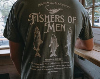 Comfort Colors Fishers of Men Tee, Christian T-shirt, Outdoors Faith Shirt, Jesus Tee, Bible Verse Matthew 4:19, Father's Day Gift for Him